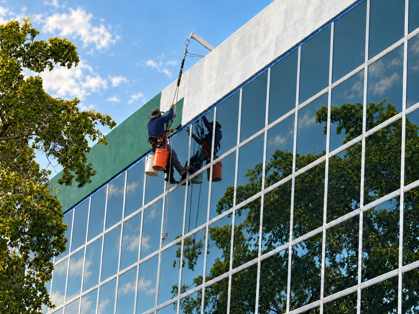 Técnicos pintando la fascia de un edificio de cristal con acceso por cuerdas